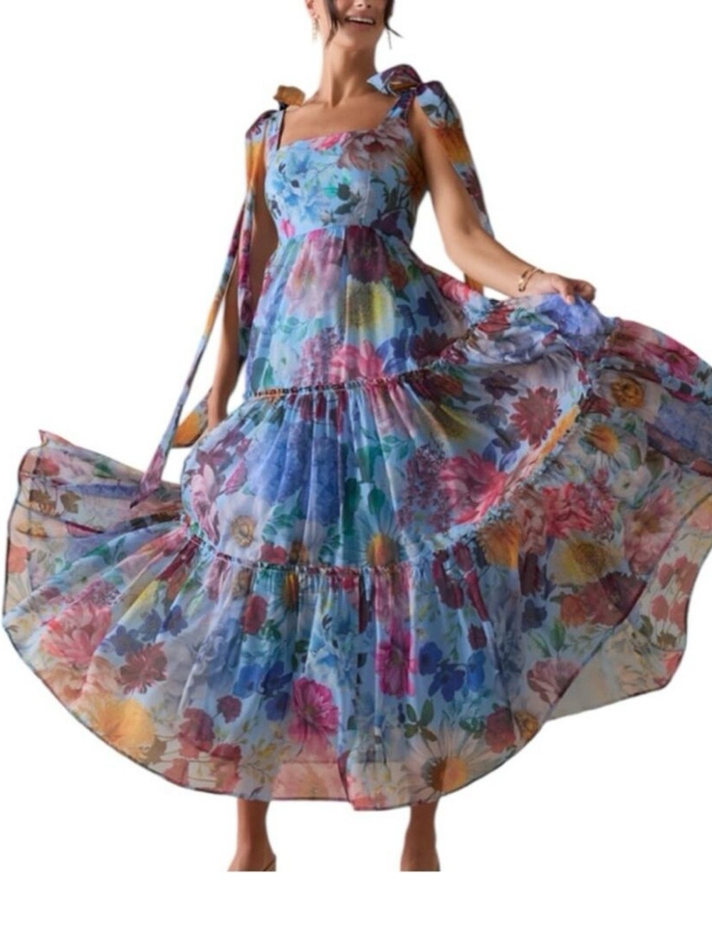 Audrey Parks Francesca’s Alahna Strap Light Blue Floral Maxi Dress Size Medium